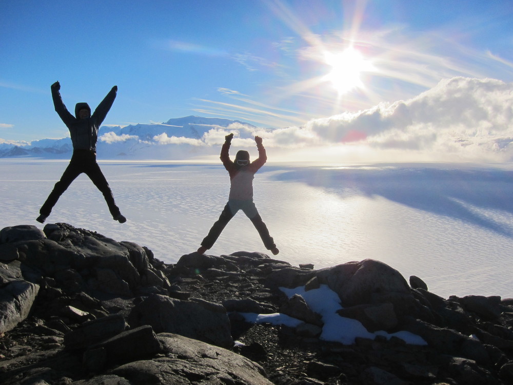 Jumping for joy on the Patagonian Ice Cap.