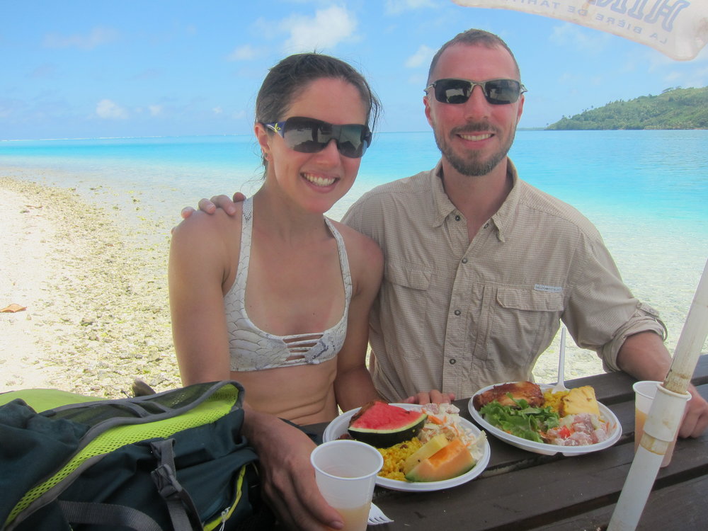 Picnic lunch in the water in Huahine.  