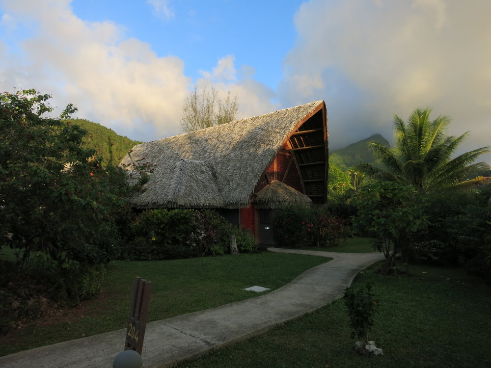 Our standalone thatched hotel room at the Maitai Lapita Village.  The rooms in the hotel are designed after traditional Polynesian Canoe houses.  